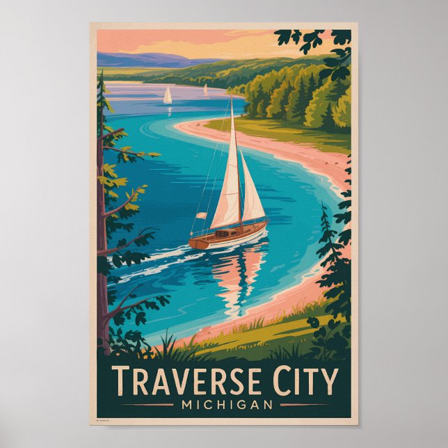 Traverse City Michigan Illustration Travel Art Poster (Framsidan)