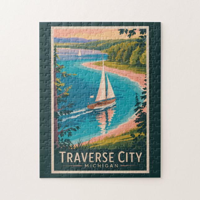 Traverse City Michigan Illustration Travel Art Pussel (Vertikal)