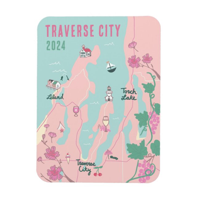 Traverse City Michigan Vin och Cherry Karta Magnet (Vertikal)