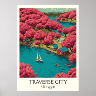 Traverse City Michigan Vintage Cherry Blommar Art Poster