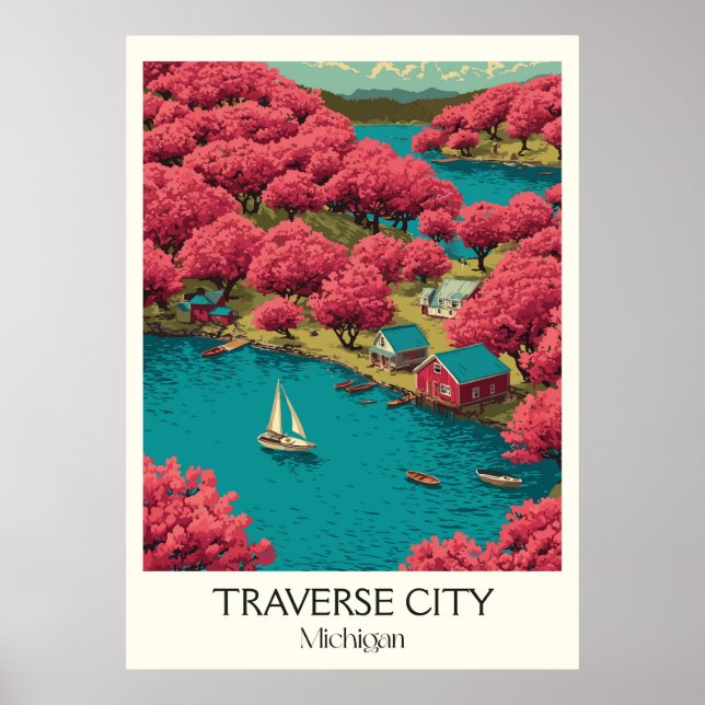 Traverse City Michigan Vintage Cherry Blommar Art Poster (Framsidan)