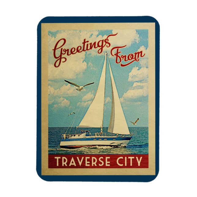 Traverse City Sailboat Vintage resor Michigan Magnet (Vertikal)
