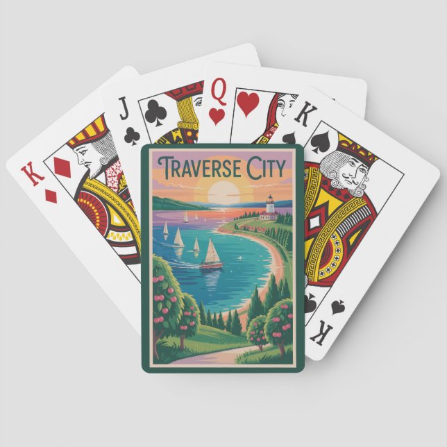 Traverse City Sjö Michigan Illustration Travel Casinokort (Baksidan)