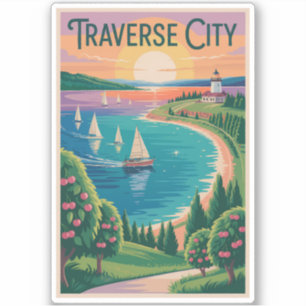 Traverse City Sjö Michigan Illustration Travel Klistermärken