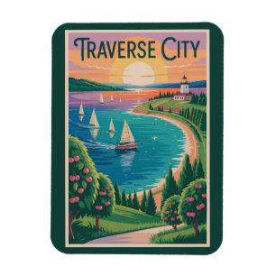 Traverse City Sjö Michigan Illustration Travel Magnet