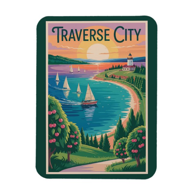 Traverse City Sjö Michigan Illustration Travel Magnet (Vertikal)