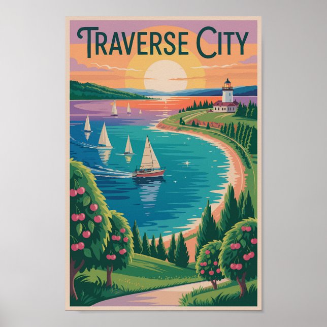 Traverse City Sjö Michigan Illustration Travel Poster (Framsidan)