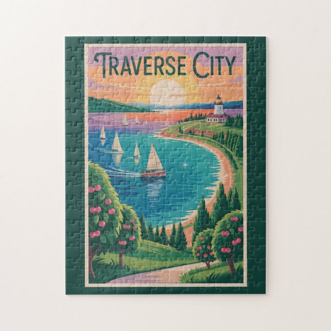 Traverse City Sjö Michigan Illustration Travel Pussel (Vertikal)