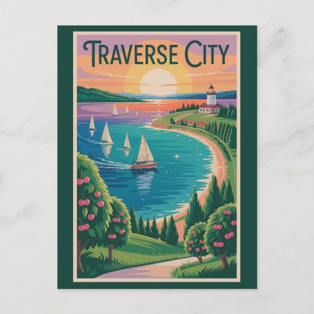 Traverse City Sjö Michigan Illustration Travel Vykort (Framsida)