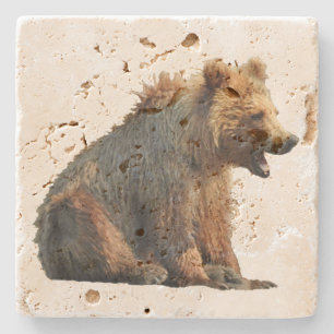 Travertine stone underlägg w/ grizzly björn unge