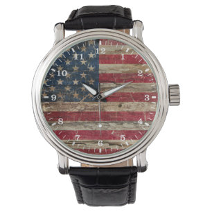 Trävintageamerikanska flaggan armbandsur