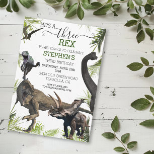 Tre 3 Dinosaur Tyrannosaurus Tredje Födelsedag Inbjudningar