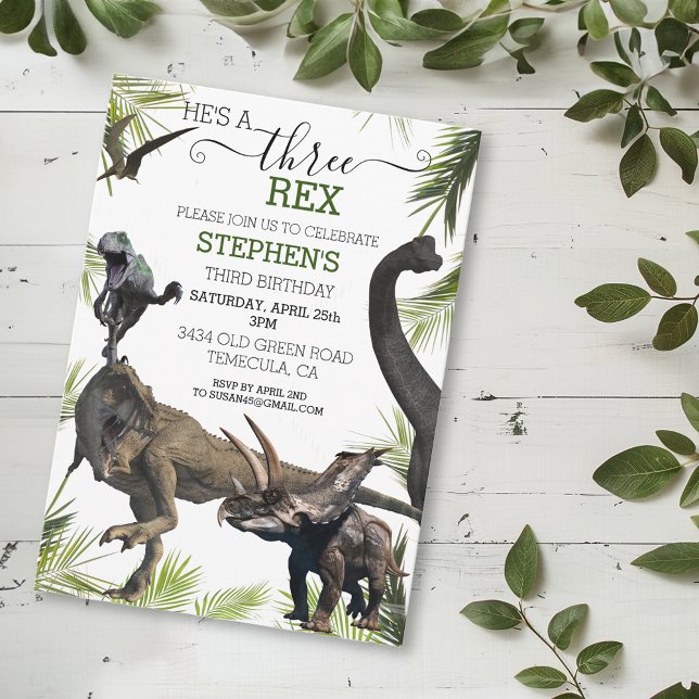 Tre 3 Dinosaur Tyrannosaurus Tredje Födelsedag Inbjudningar (Skapare uppladdad)