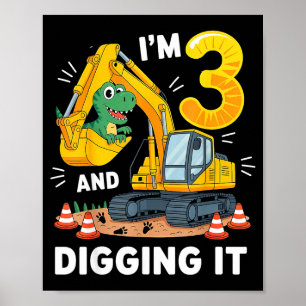 Tre 3år 3:e födelsedag Konstruktion Dinosaurie Poj Poster