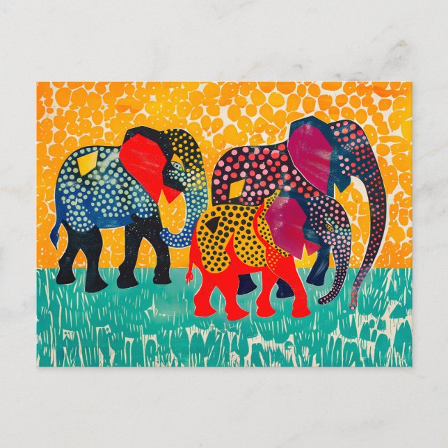 Tre abstrakta elefanter i gult prickfält helg vykort (Framsida)