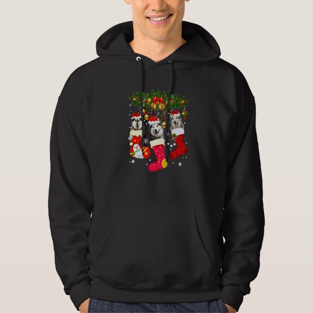 Tre Alaskan Malamutes i julstrumpor Hoodie (Framsida)