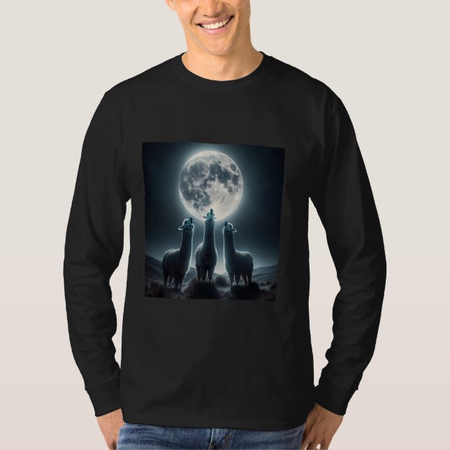 Tre Alpacas Howling vid Måne Shirt Funny Lama T (Framsida)
