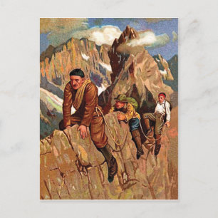 Tre alpinister på bergstoppen, rolig vintage vykort