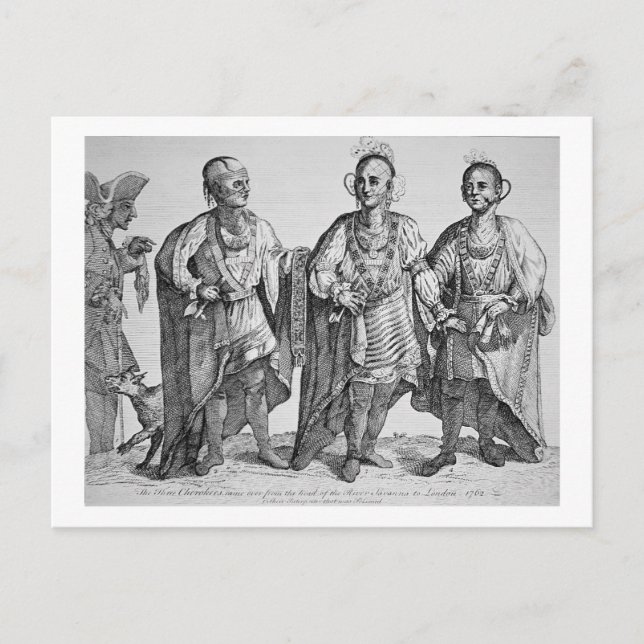 Tre amerikanska Cherokee Chiefs, 1762 (engrave) Vykort (Framsida)