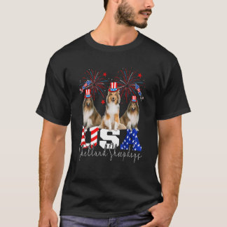 Tre amerikanska Shetland Sheephund American Flagga T Shirt