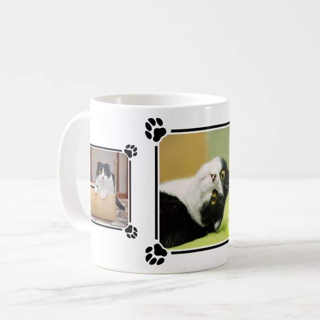 Tre anpassade kattfotonkollage med tassavtryck kaffemugg (Framsida vänster)