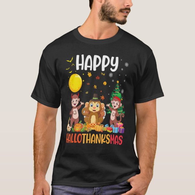 Tre apor Dabbing Dancing Lycklig Hallot T Shirt (Framsida)