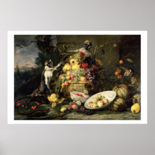 Tre apor städerande frukt (olja på kanvas) poster