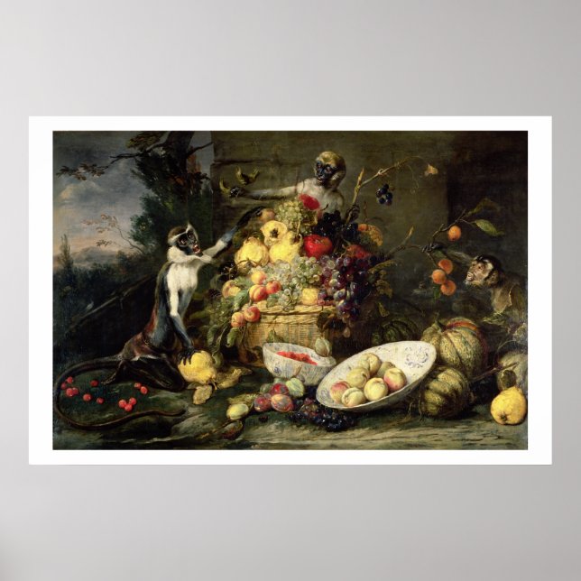 Tre apor städerande frukt (olja på kanvas) poster (Framsidan)