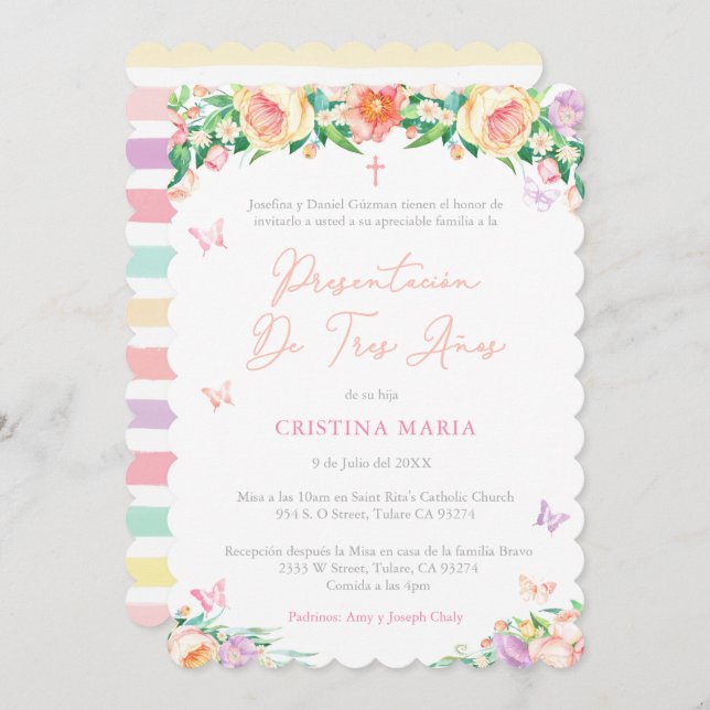 Tre års presentation av flicka, Presentación 3 Año Inbjudningar (Fram/baksida)