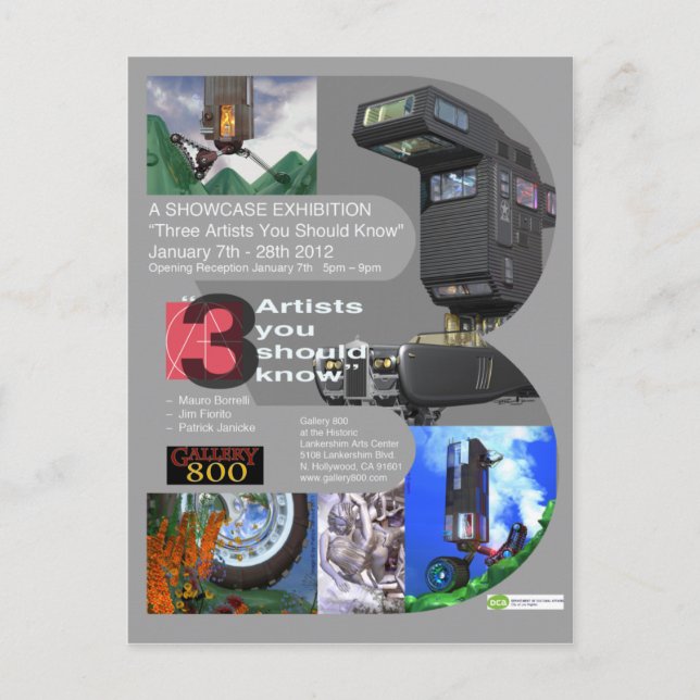 "Tre artister som du bör känna till" Showcase Vykort (Framsida)