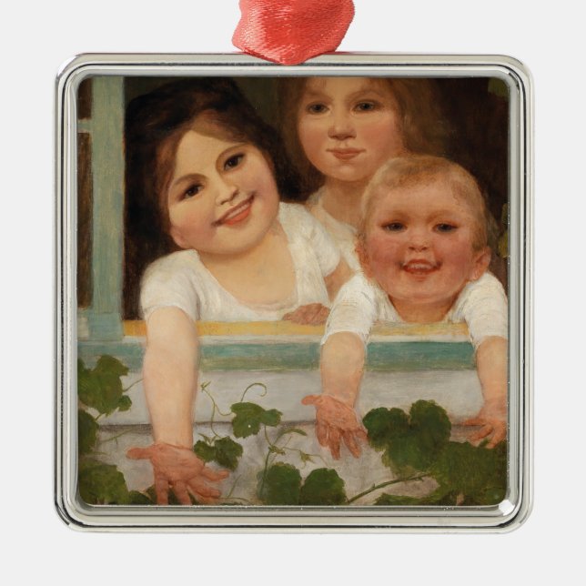 Tre barn i fönstret julgransprydnad metall (Framsidan)