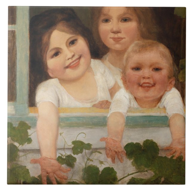 Tre barn i fönstret kakelplatta (Framsidan)