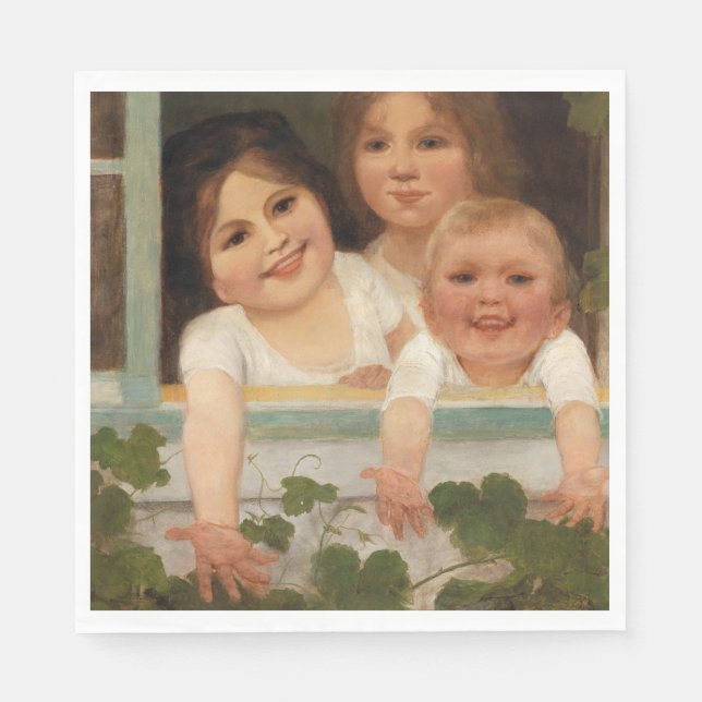 Tre barn i fönstret pappersservett (Framsidan)