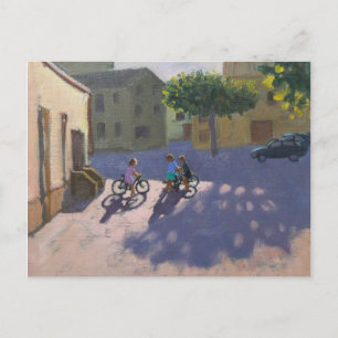 Tre barn med cyklar i Spanien Vykort
