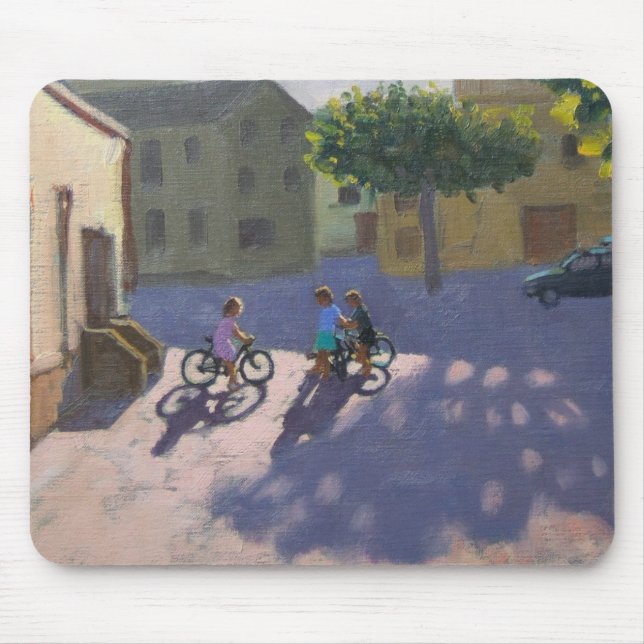 Tre barn med cyklar Spanien Musmatta (Framsidan)