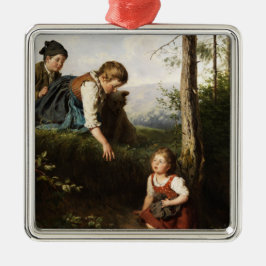 Tre barn som plockar Vild Berries i skogen Julgransprydnad Metall