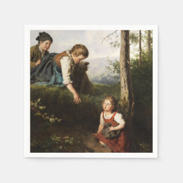 Tre barn som plockar Vild Berries i skogen Pappersservett