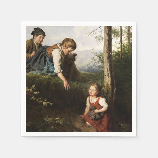 Tre barn som plockar Vild Berries i skogen Pappersservett (Framsidan)