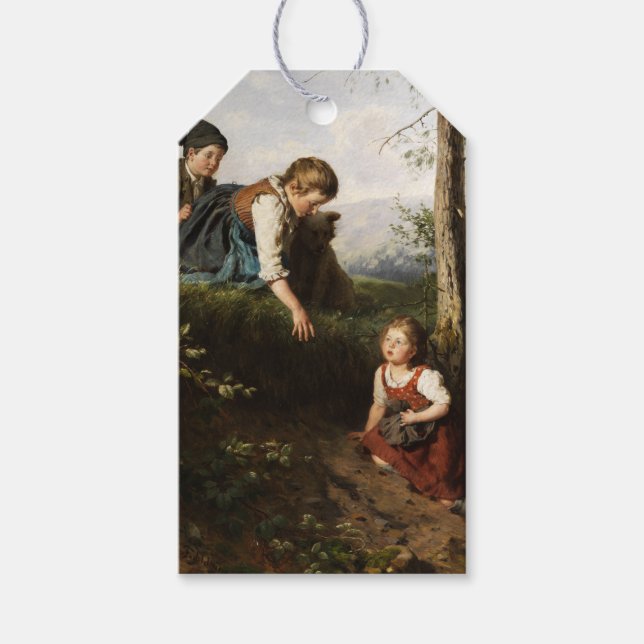 Tre barn som plockar Vild Berries i skogen Presentetikett (Framsidan)