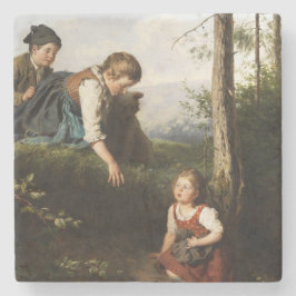 Tre barn som plockar Vild Berries i skogen Stenunderlägg