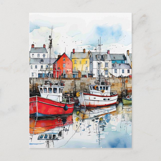 Tre båtar i fiskhamnen vykort (Framsida)
