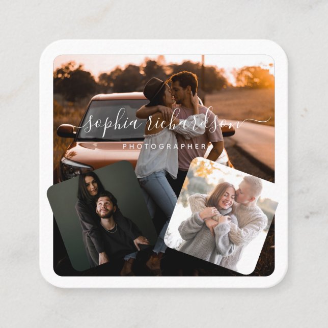 Tre bilder namnteckning svart och vit avslappnad fyrkantigt visitkort (Framsida)