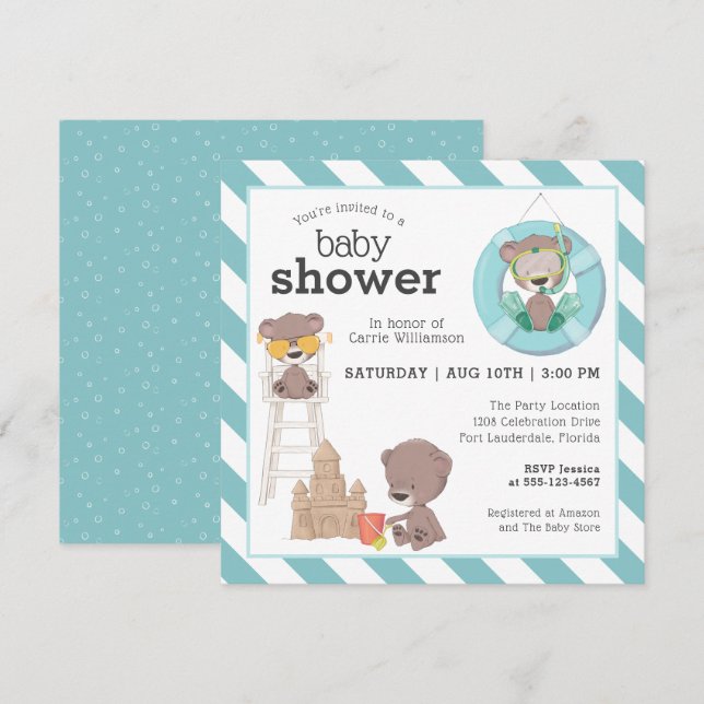 Tre björnar vid Beach Baby Shower for Boy Inbjudningar (Fram/baksida)
