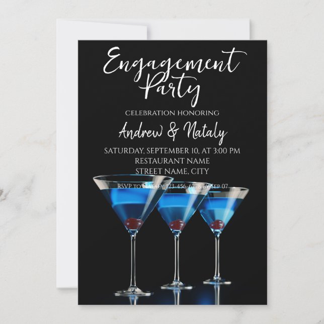 Tre blå cocktails med körsbär på svart inbjudningar (Framsida)