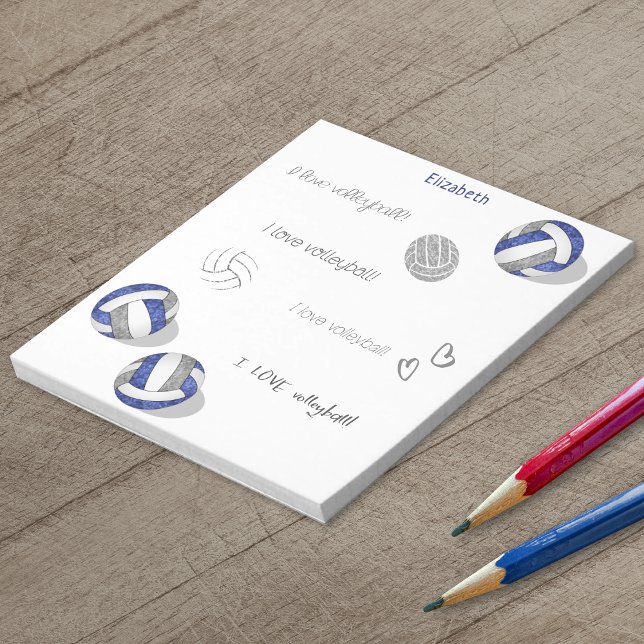 tre blå grått-team färg girly volleybollar anteckningsblock (Blue & gray girly volleyballs notepad with custom name)