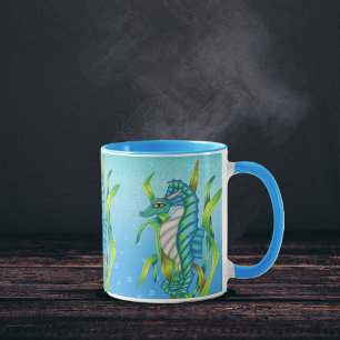 Tre blåa Grönt Seahorse Dragons Sjögräs Vatten Mugg