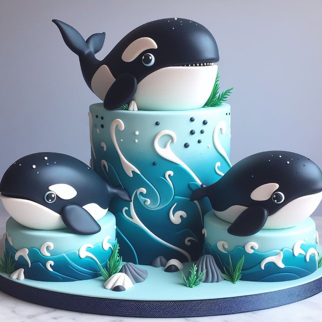 TRE BLACK & WHITE ORCA WHALE BIRTHDAY CAKE KORT (Skapare uppladdad)