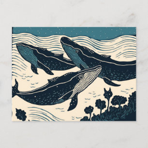 Tre blåvalar Modern Art Linocut Inspired Vykort
