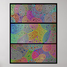 tre block med flerfärgade abstrakter poster