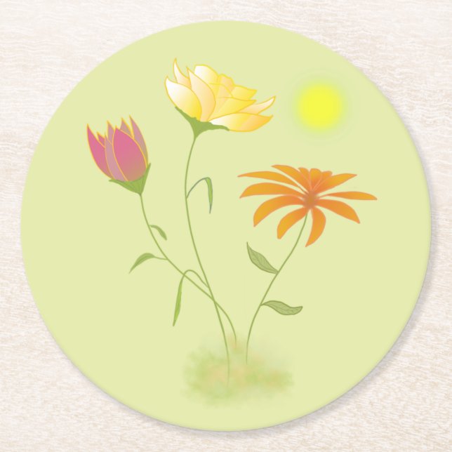 Tre blommor i Sol - genomskinliga. Underlägg Papper Rund (Framsidan)